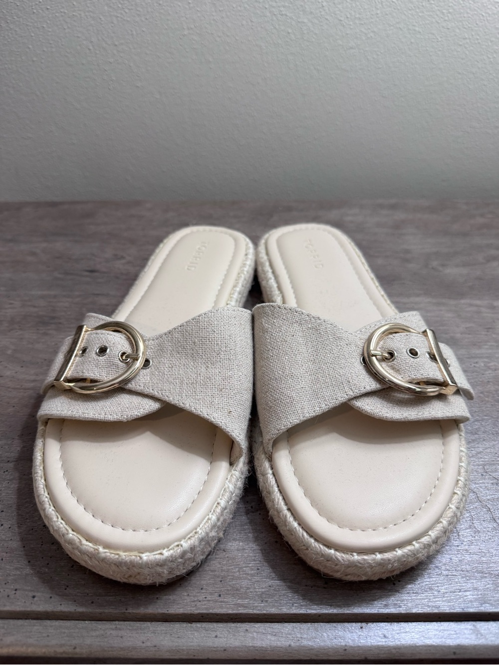 torrid Cream Linen-Style Slide Sandals with Gold Buckle
